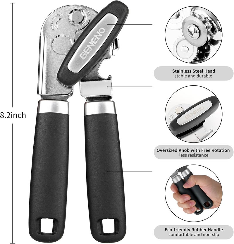 Beneno Heavy Duty Hand Can Opener Manual with Magnet, Durable Sharp Carbon Steel Blade Smooth Cutting, Big Effort-Saving Knob & Soft Grip Handle, Multifunctional Kitchen Tool with Bottle Opener, Black - Image 2